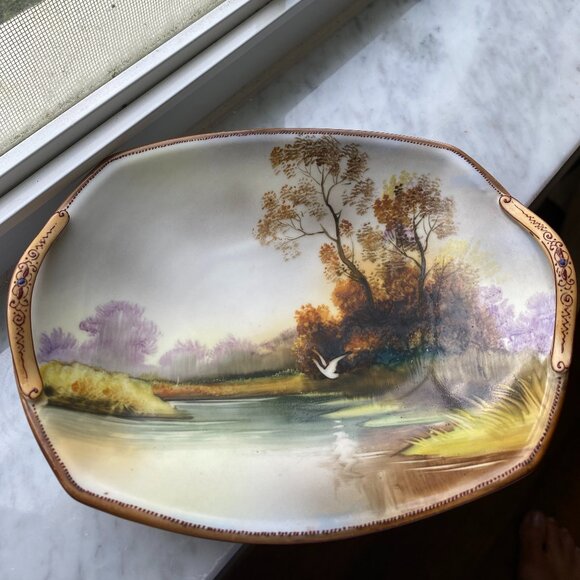 Noritake Porcelain 2 Handle Trinket Plate Lake & Foliage Landscape Japan VTG - Picture 4 of 6